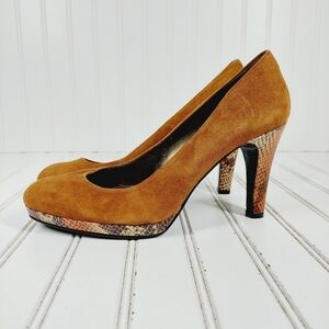 NEW Bandolino Brown Suede Leather Snakeskin Heel & Platform Pumps F579